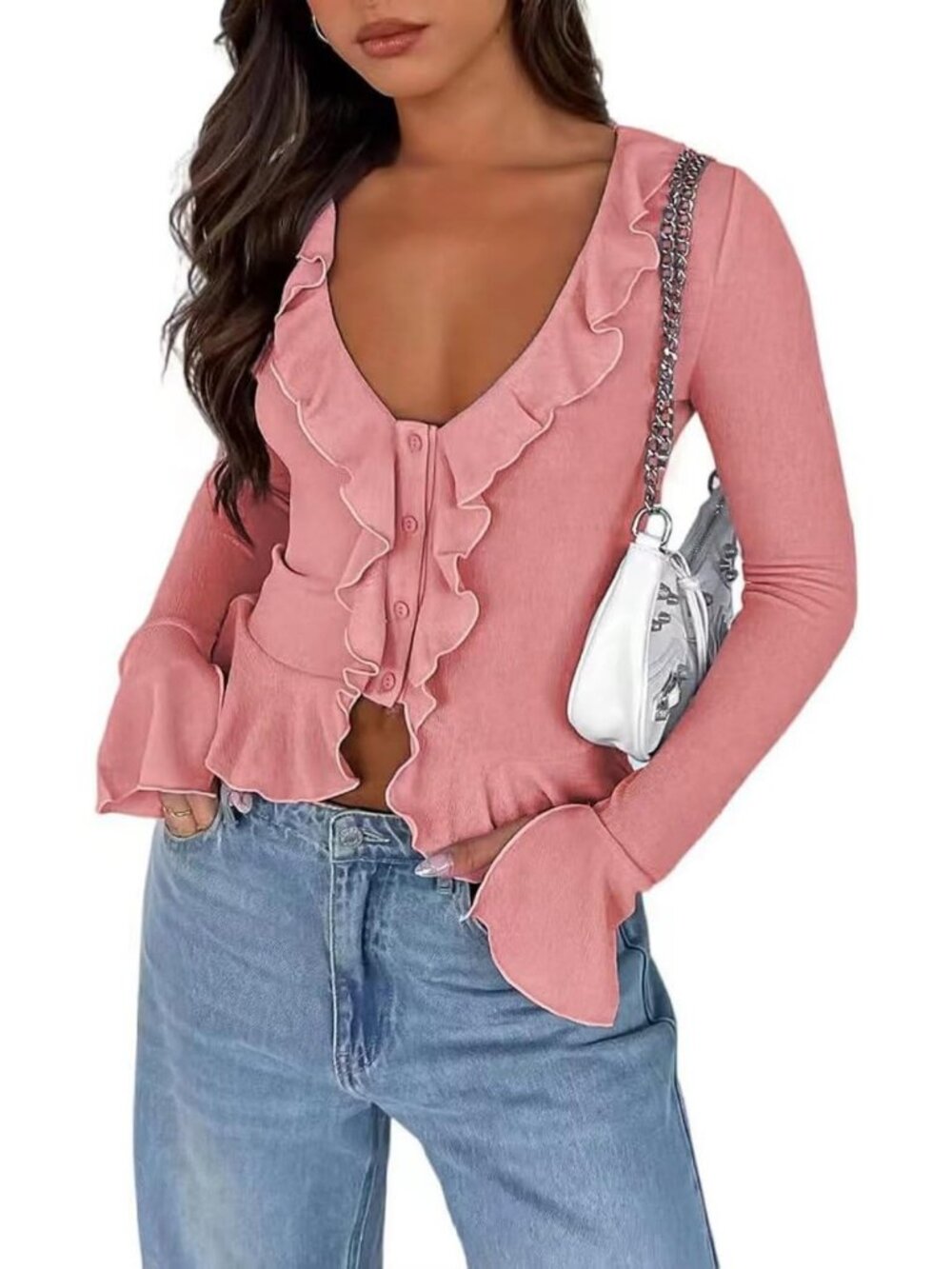 Chic Women's Deep V Neck Bell Sleeve Ruffle Crop Top Blouse - Stylish & Trendy